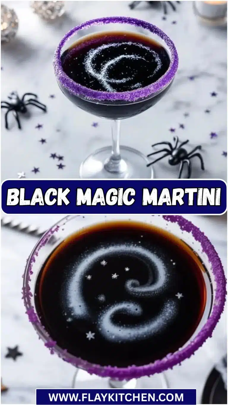 A delicious Black Magic Martini cocktail garnished with a twist of lemon.