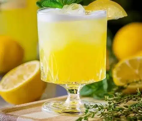 Authentic Limoncello 7 Bottle of authentic limoncello with fresh lemons and herbs.