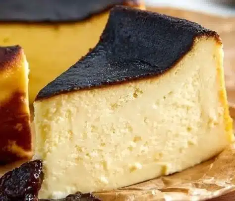 Slice of Basque Burnt Cheesecake with caramelized top on a white plate