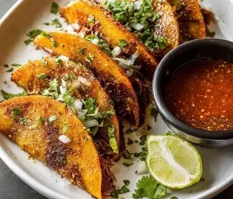Plate of flavorful Birria Tacos with consomé on the side
