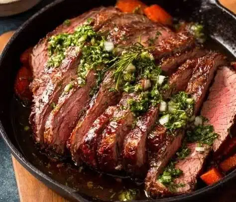 Juicy chuck roast cooked to perfection, served with vegetables and herbs.