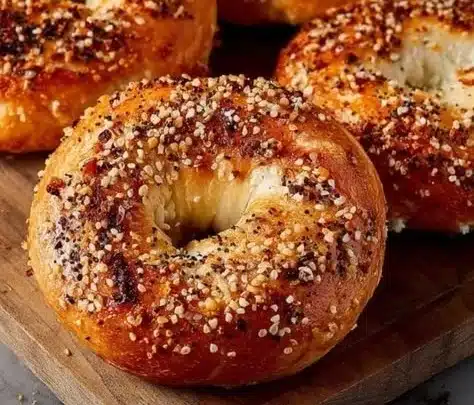 Homemade cottage cheese bagels topped with seeds and herbs