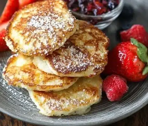 Fluffy cottage cheese pancakes served with fresh fruit and syrup.