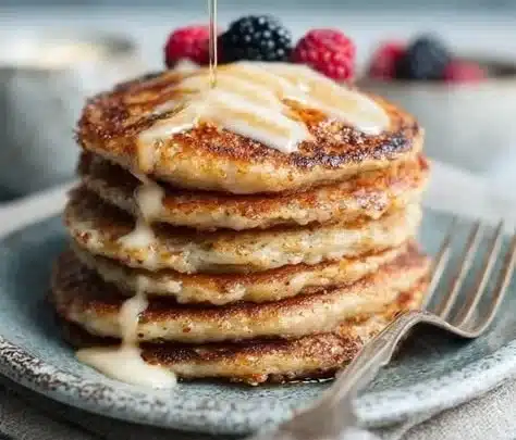 Cottage Cheese Pancakes 5 Fluffy cottage cheese pancakes stacked on a plate topped with fresh berries.