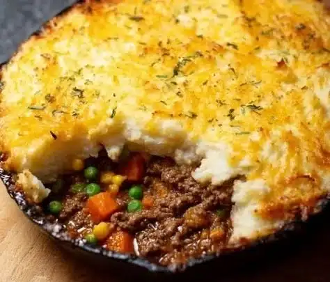 Hearty Cottage Pie with meat and mashed potatoes served in a dish