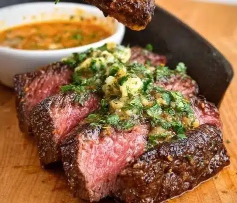 Delicious Cowboy Butter served on a grilled steak with herbs