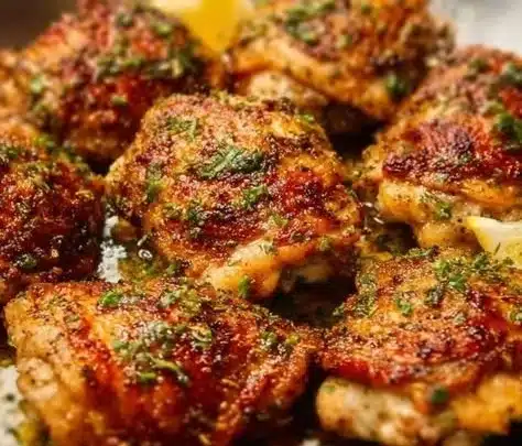 Crispy Baked Chicken Thighs garnished with herbs and spices on a serving plate.