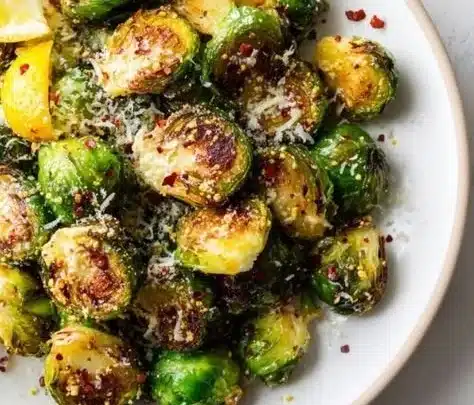 Crispy Roasted Brussels Sprouts 7 Crispy roasted Brussels sprouts garnished with herbs, served in a bowl.