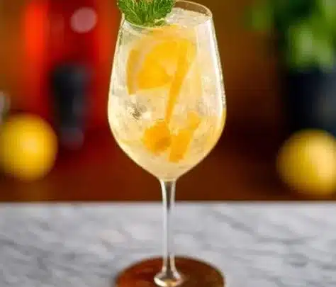 A refreshing Divine Hugo Spritz cocktail garnished with herbs and citrus.