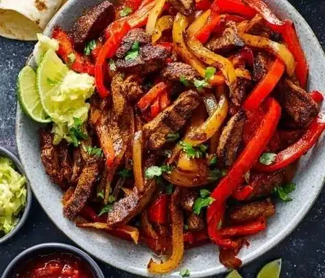 Delicious easy grilled fajitas served with peppers and onions on a platter.