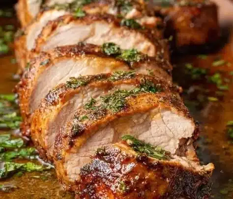 A perfectly cooked pork tenderloin sliced and served with herbs.