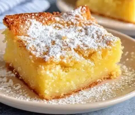 Slice of deliciously gooey butter cake with a golden crust and creamy center.