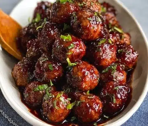 Grape jelly meatballs served on a platter with toothpicks