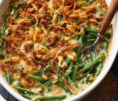 Delicious green bean casserole topped with crispy onions and baked to perfection.