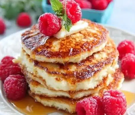 Delicious healthy cottage cheese pancakes served with fresh fruit