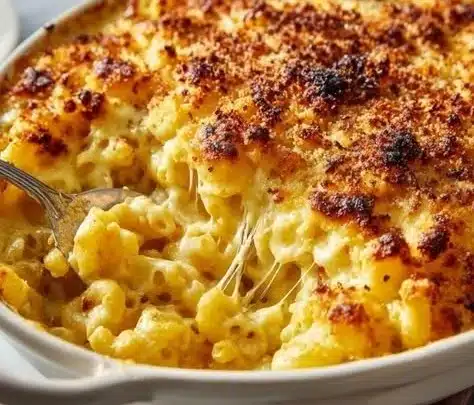 Creamy homemade mac and cheese served in a bowl, garnished with herbs.