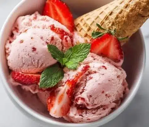 Bowl of homemade strawberry ice cream with fresh strawberries and cream