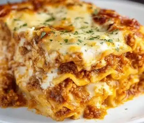 Delicious homemade lasagna with layers of pasta, cheese, and meat sauce.