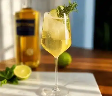 Glass of Legendary Authentic Hugo Spritz cocktail with fresh herbs and fruit