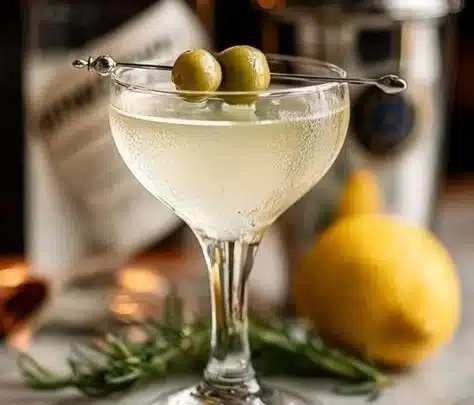 Close-up of a legendary gin martini cocktail with olives in a stylish glass