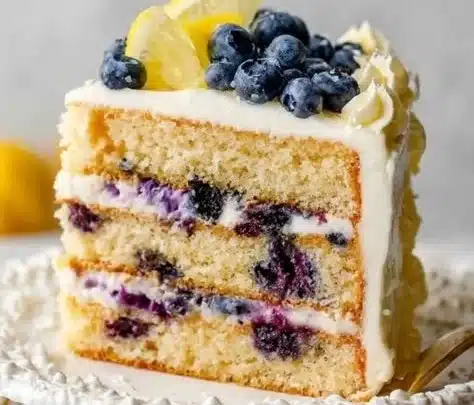 Lemon Blueberry Cake topped with fresh blueberries and lemon zest