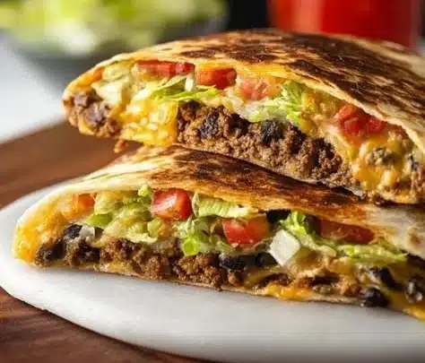 Loaded Beef Griddle Tacos stacked with toppings on a plate.