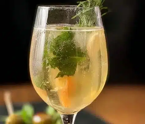A refreshing Hugo Spritz cocktail served in a glass with herbs and ice.