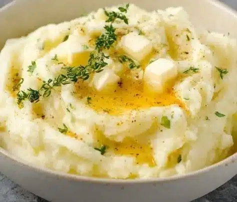 Mashed Potatoes 9 A bowl of creamy mashed potatoes topped with butter and fresh herbs.