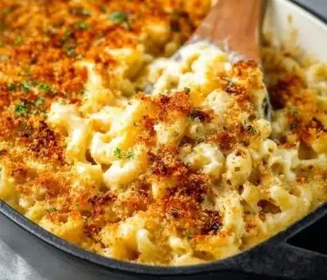 Delicious Master-Level Mac and Cheese topped with breadcrumbs and herbs