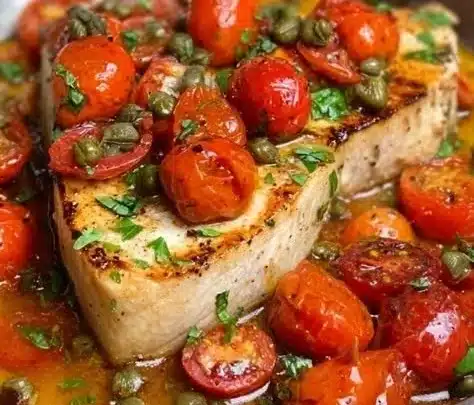 Mediterranean marinated swordfish dish ready to serve