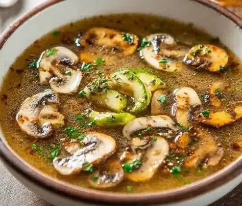 Bowl of creamy mushroom soup garnished with herbs and a slice of bread