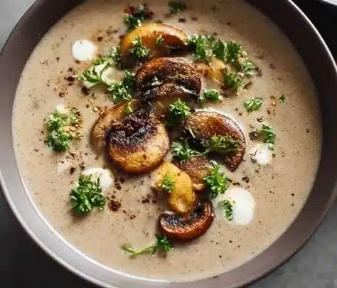 Bowl of delicious homemade mushroom soup with fresh herbs and spices