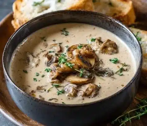 Creamy homemade mushroom soup served in a bowl with herbs