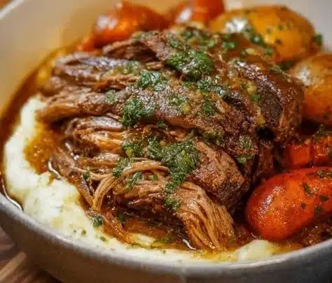 Delicious pot roast with vegetables in a rustic serving dish.