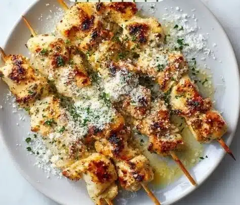Ranch Garlic Parmesan Chicken Skewers on a platter, garnished with herbs