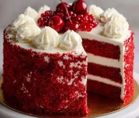 Delicious slice of Red Velvet Cake with cream cheese frosting on a decorative plate.