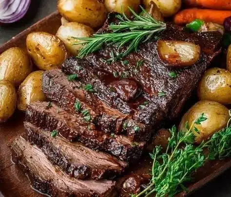 Delicious simple braised chuck roast served with vegetables