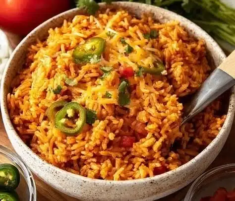 Delicious Spanish Rice garnished with herbs and vegetables