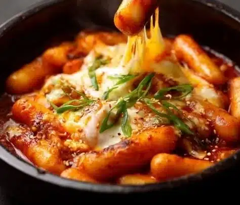 Delicious spicy rice cakes served with colorful toppings