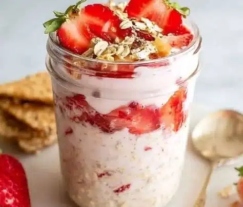 A bowl of strawberry cheesecake overnight oats topped with fresh strawberries.