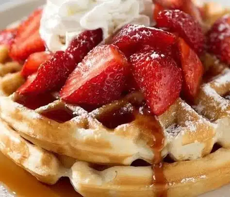 Strawberry Waffles 9 Delicious strawberry waffles topped with fresh strawberries and cream
