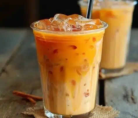 Glass of traditional Thai Iced Tea with vibrant orange color and creamy top
