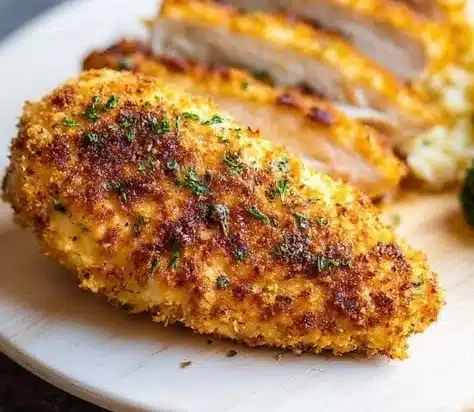 Succulent air fryer chicken breast served on a plate with herbs and spices.