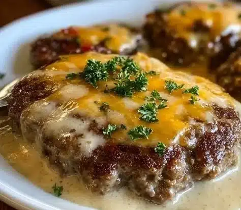Amish Hamburger Steak Bake served in a rustic dish with gravy and vegetables