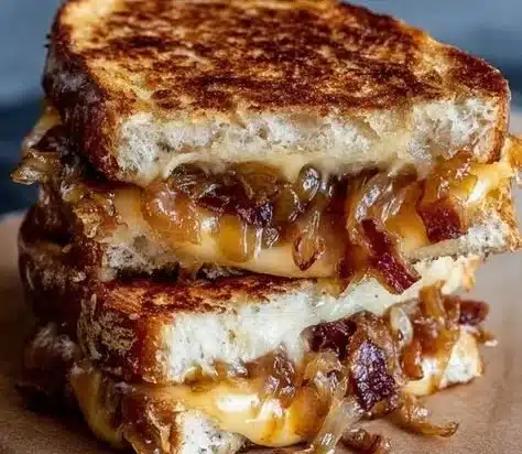 Bacon and caramelized onion grilled cheese sandwich with melted cheese