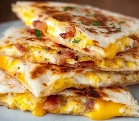 Bacon Egg Cheese Breakfast Quesadillas 1 Bacon egg cheese breakfast quesadillas on a plate, ready to enjoy.