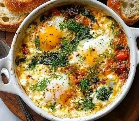 Baked Feta Eggs 29 Delicious baked feta eggs served in a rustic dish with herbs.