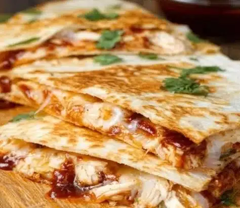 BBQ chicken quesadillas with melted cheese and fresh toppings