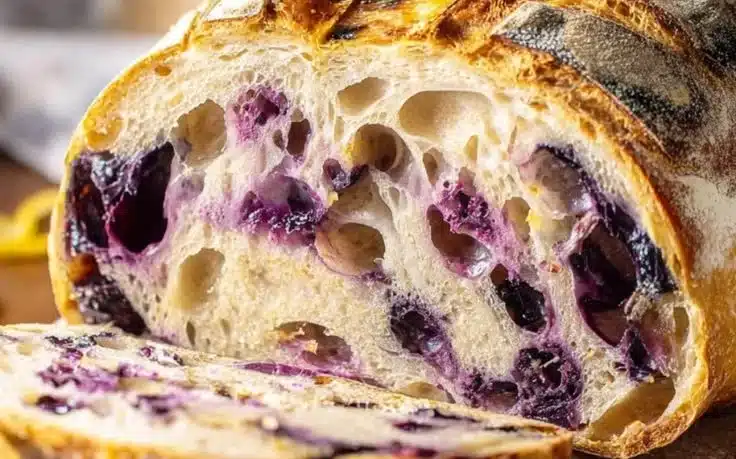 Freshly baked Blueberry Lemon Sourdough Bread with blueberries and lemon zest