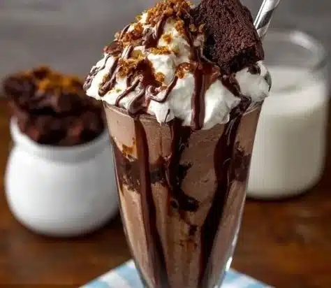 Delicious brownie milkshake topped with whipped cream and chocolate drizzle